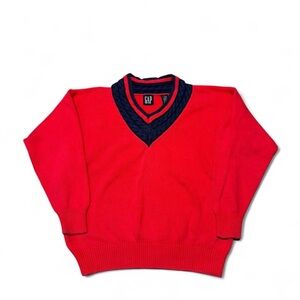 Vintage 90s GAP cable knit v neck tennis sweater red navy trim men’s M cotton